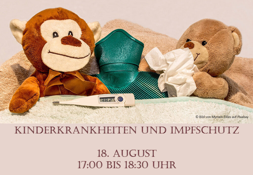 Ein Bild mit einem Stoffaffen, einem Teddybär, einem Fieberthermometer, einem Taschentuch und einer Wärmflasche.
