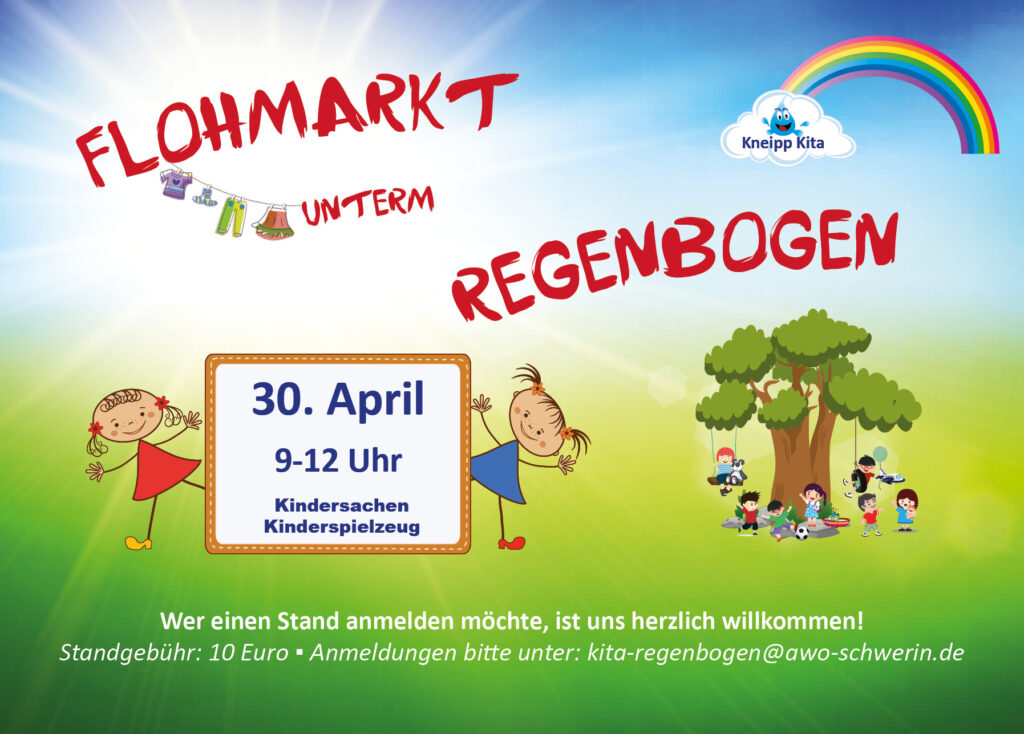 Poster für einen Flohmarkt unter dem Motto 'Flohmarkt unterm Regenbogen'.