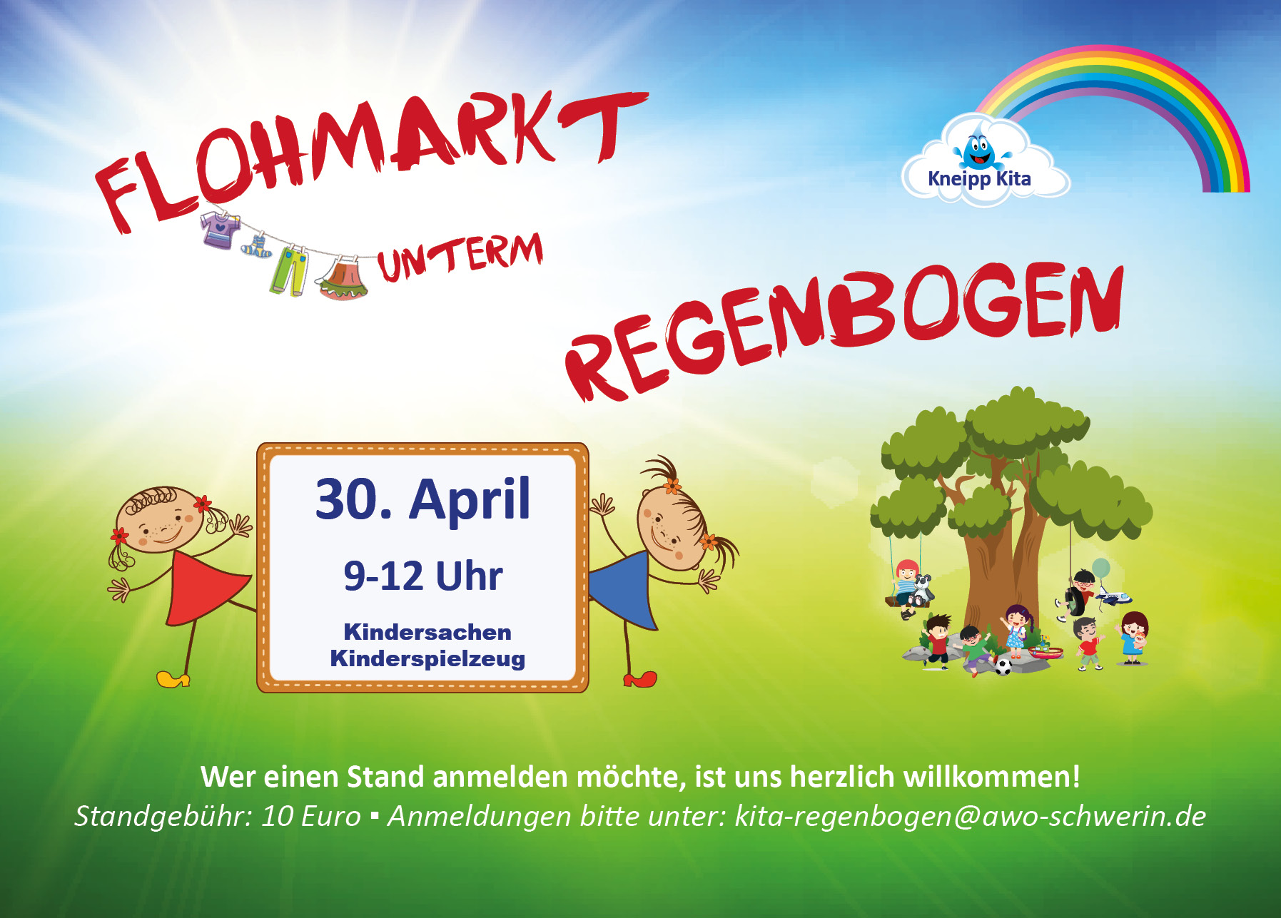 Poster für einen Flohmarkt unter dem Motto 'Flohmarkt unterm Regenbogen'.