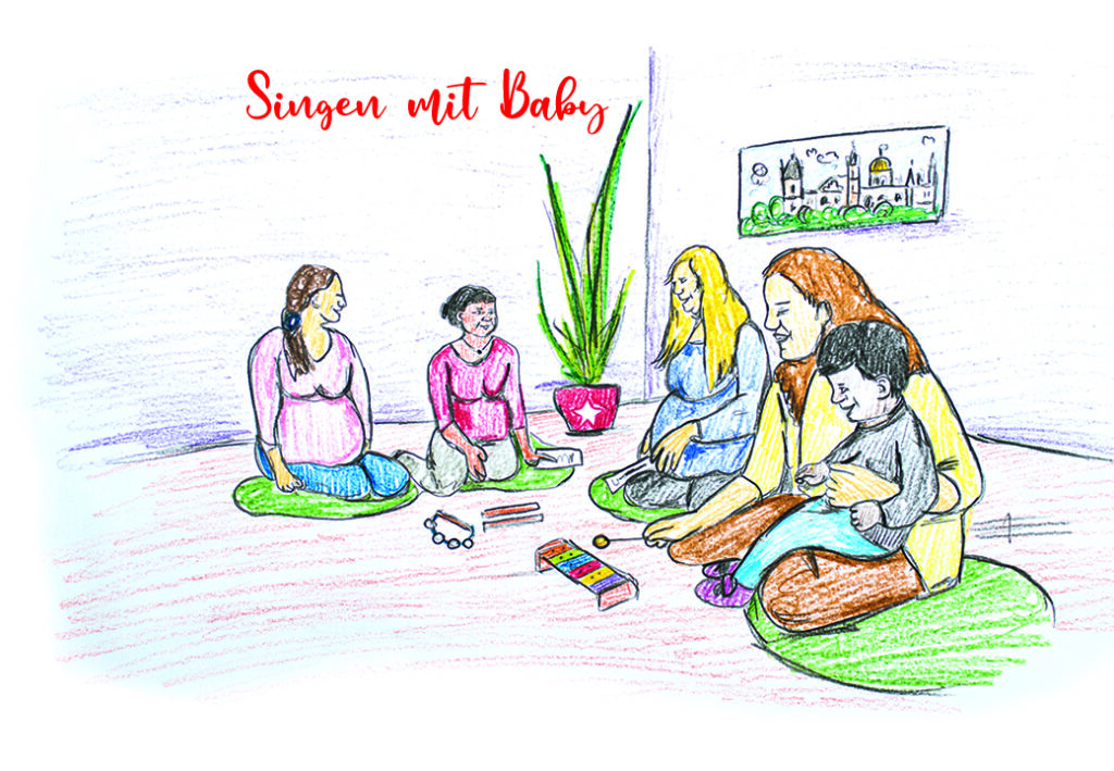 Illustration einer Gruppe von Menschen, die mit einem Kind in einem Kreis sitzen und musizieren.