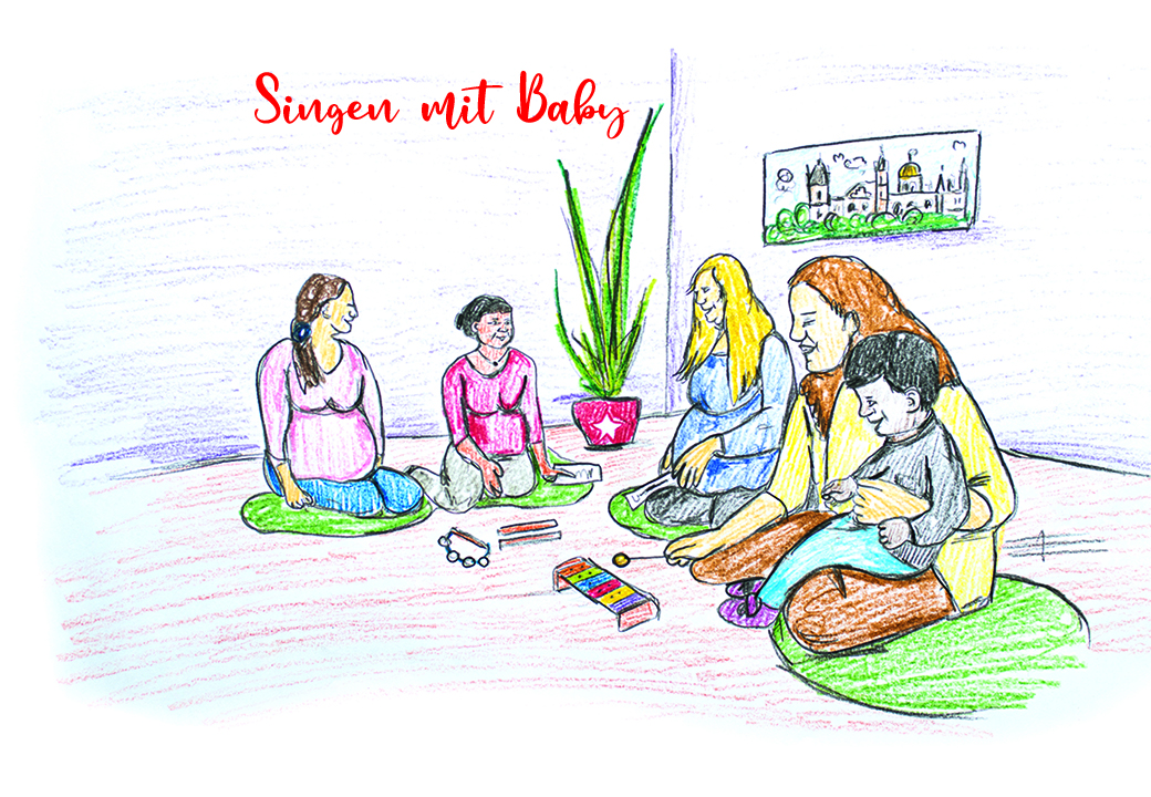 Illustration einer Gruppe von Menschen, die mit einem Kind in einem Kreis sitzen und musizieren.