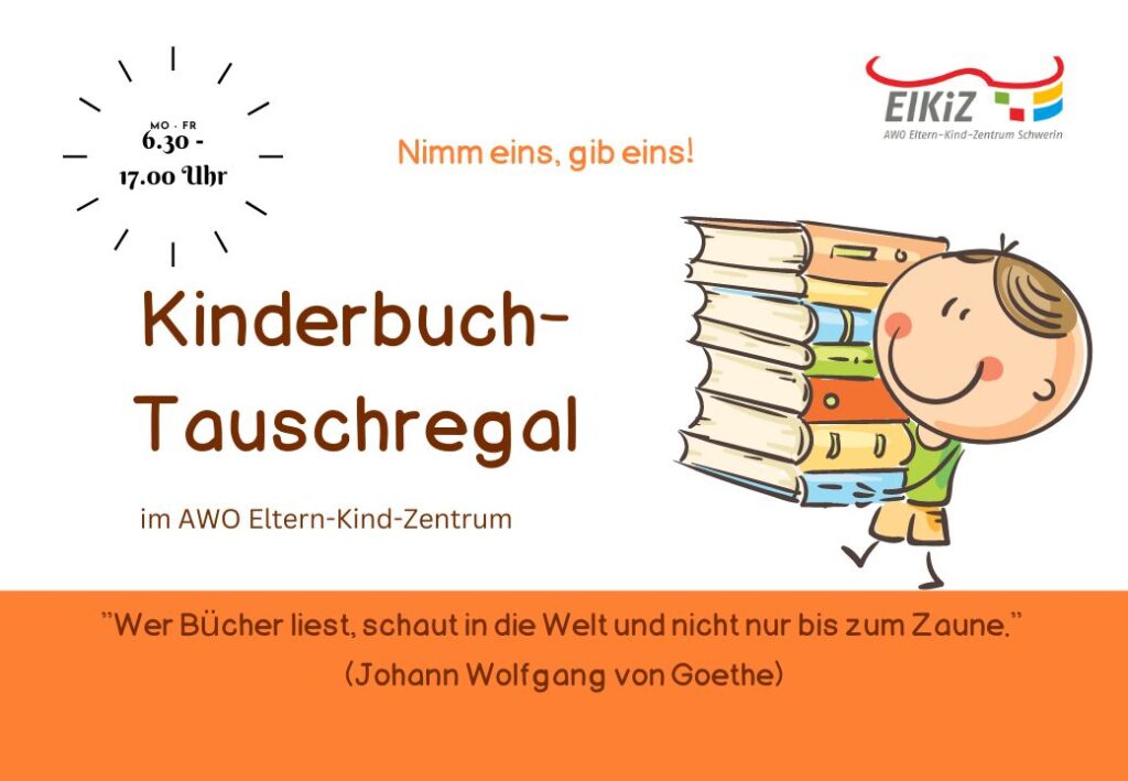 Ein Plakat des Kinderbuch-Tauschregals im AWO Eltern-Kind-Zentrum.