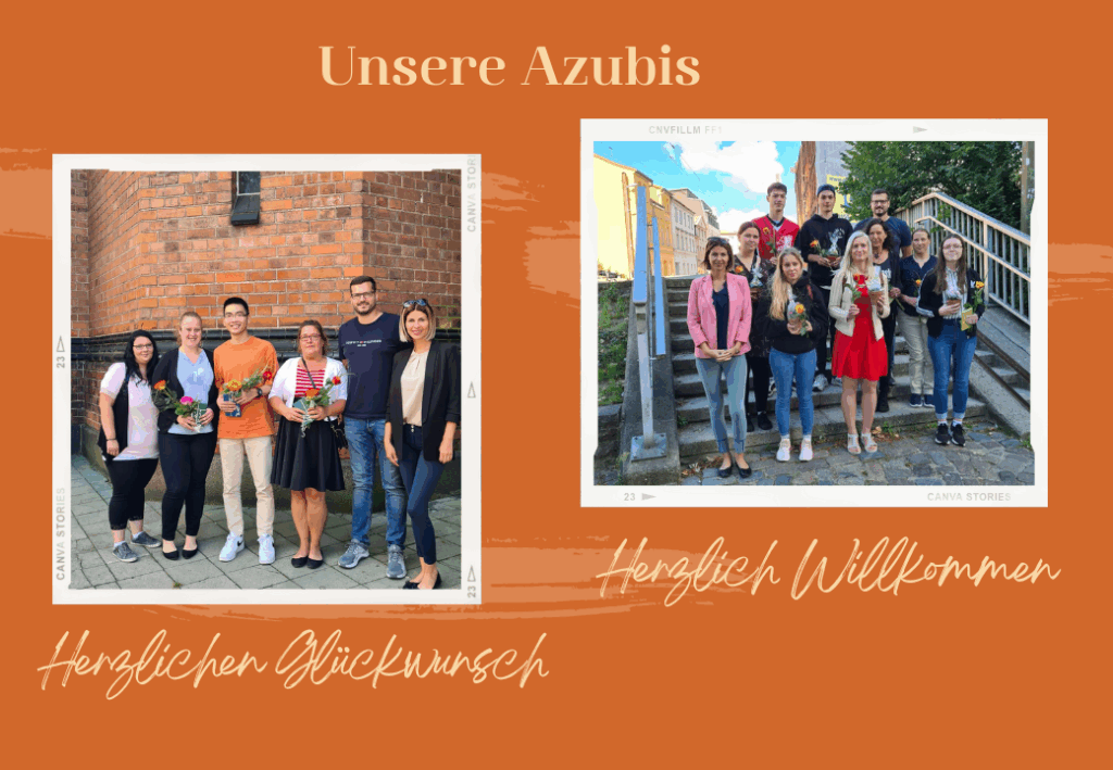 Zwei Gruppen von Menschen posieren für ein Foto. Links eine Gruppe von sechs Personen vor einer Backsteinmauer, rechts eine Gruppe von elf Personen vor einer Treppe.