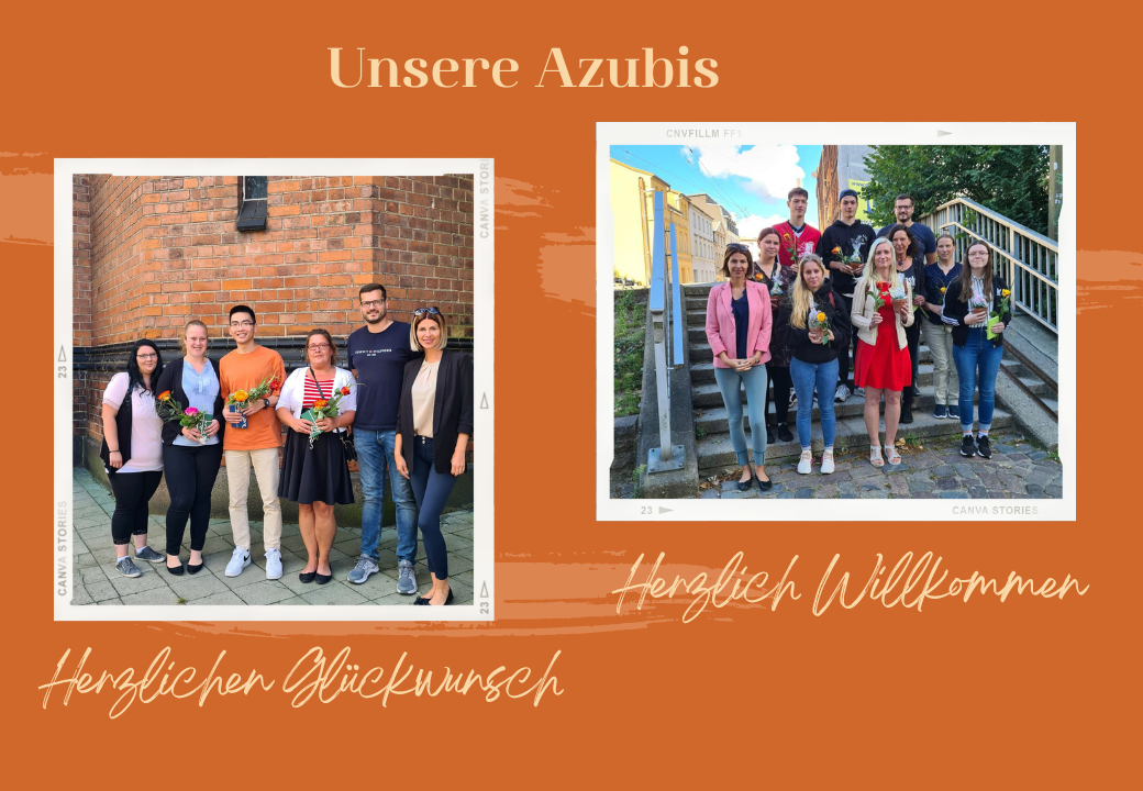 Zwei Gruppen von Menschen posieren für ein Foto. Links eine Gruppe von sechs Personen vor einer Backsteinmauer, rechts eine Gruppe von elf Personen vor einer Treppe.