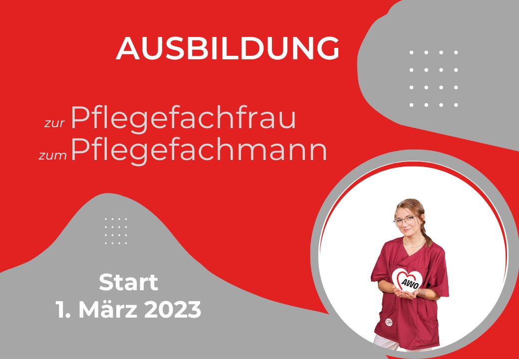 Werbeposter für eine Ausbildung zur Pflegefachfrau oder Pflegefachmann mit Startdatum 1. März 2023, inklusive Bild einer Person in roter Arbeitskleidung.