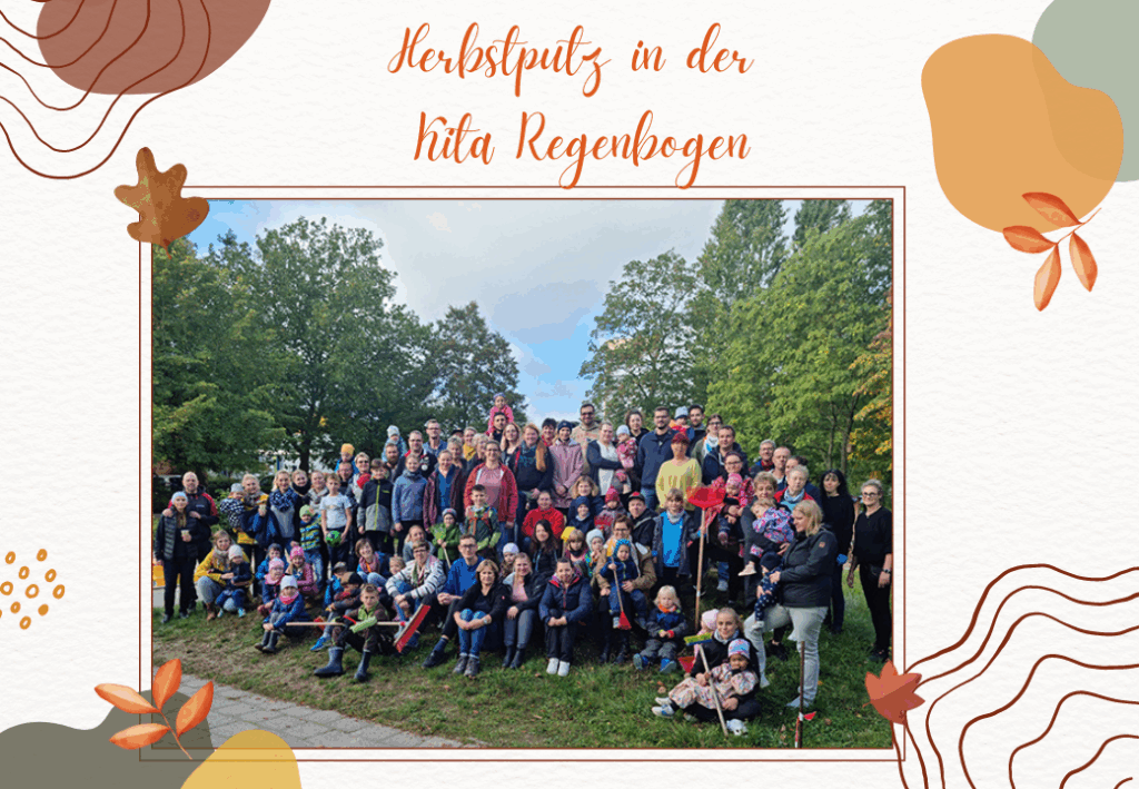Eine große Gruppe von Menschen steht zusammen im Freien während einer Herbstveranstaltung in der Kita Regenbogen.