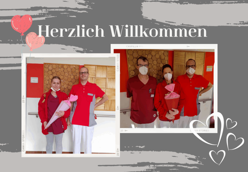 Willkommensgruß von Pflegepersonal mit Blumensträußen