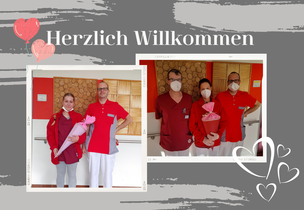 Willkommensgruß von Pflegepersonal mit Blumensträußen