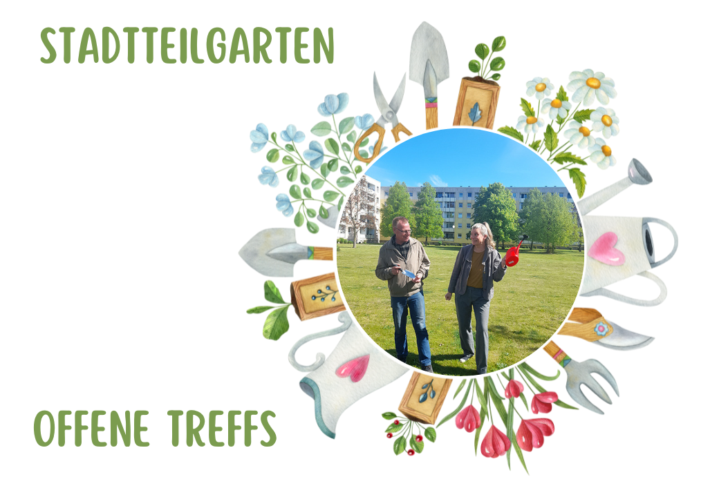 Bild von zwei Personen in einem Stadtteilgarten, umgeben von Gartengeräten und Blumenzeichnungen