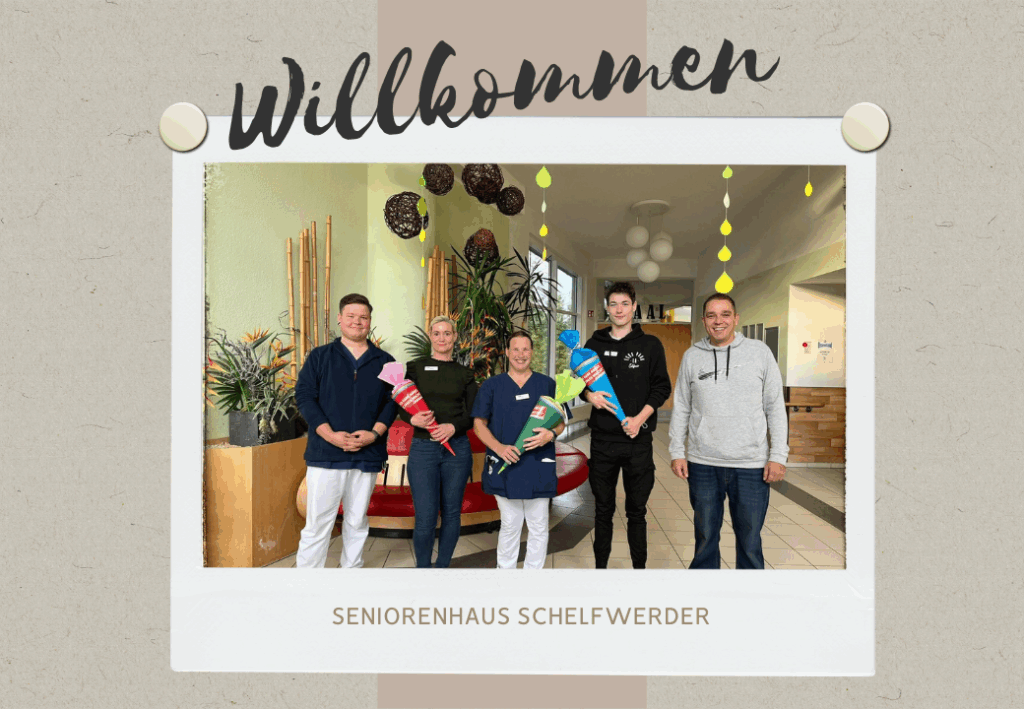 Eine Willkommenskarte mit fünf Menschen im Seniorenhaus Schelfwerder.