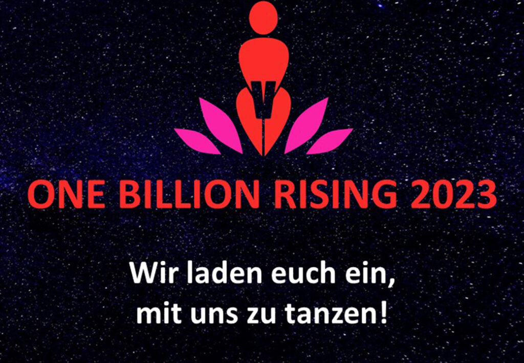 Plakat f&uuml;r 'One Billion Rising 2023' auf einem Sternenhintergrund.