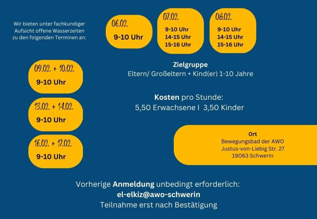 Informationsgrafik zu offenen Wasserzeiten im AWO-Bewegungsbad.