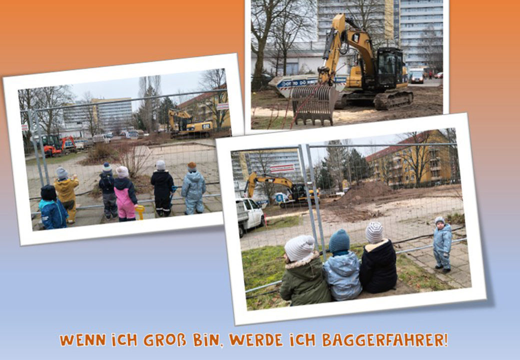 Kinder beobachten Baustelle mit Bagger