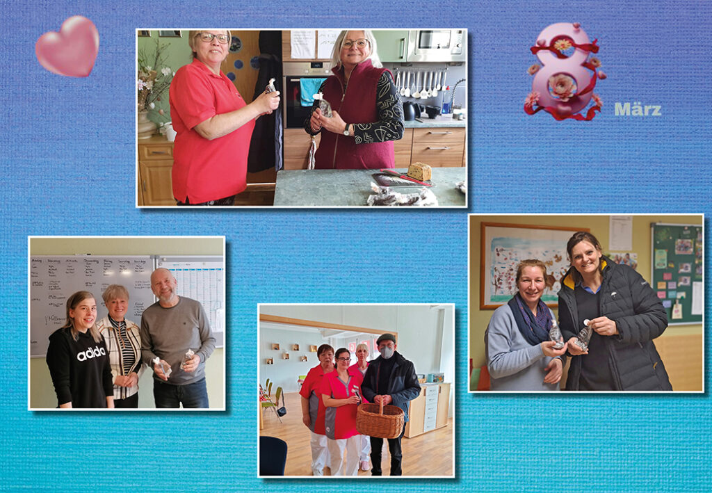 Collage von Menschen, die S&uuml;&szlig;igkeiten austauschen, mit einem Hintergrund zum Frauentag.