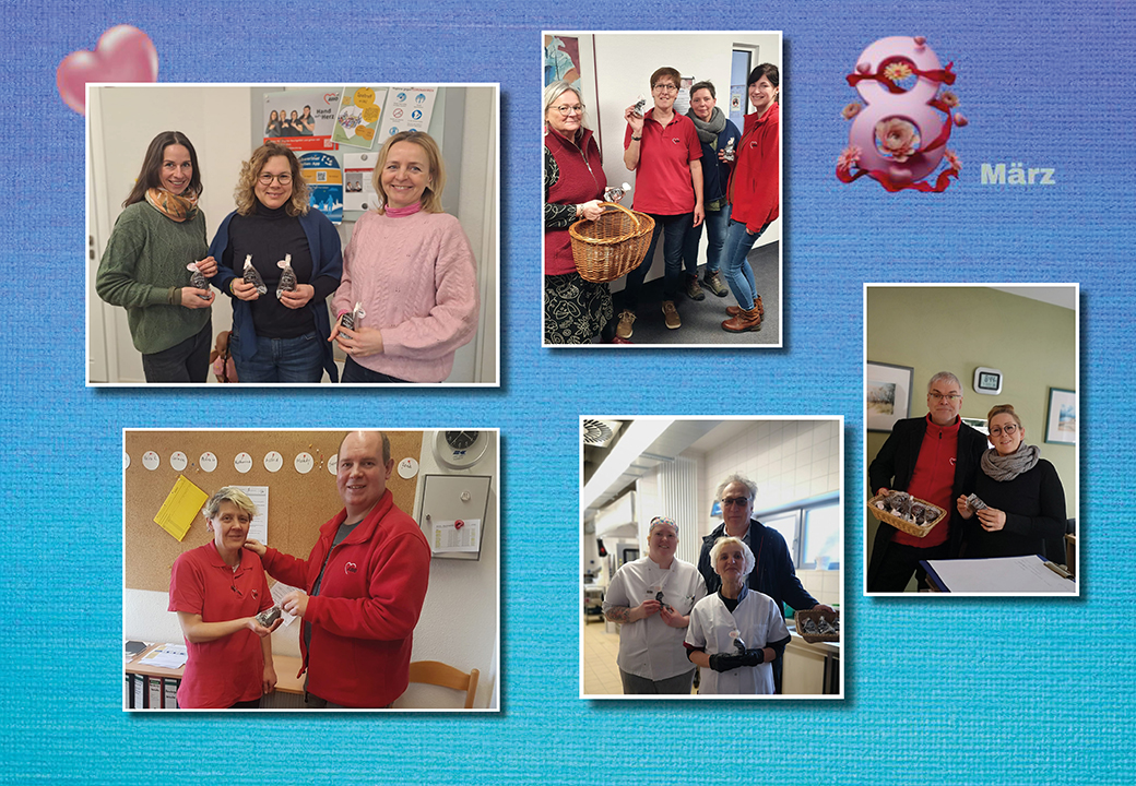 Mitarbeiterinnen der AWO präsentieren Geschenke und Körbe in Kollage zum 8. März
