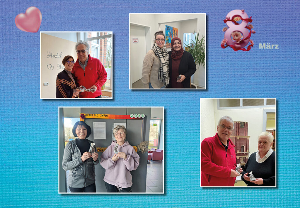 Collage von vier Bildern mit Menschen, die eine Glaskuppel sitzen, vor einem blauen Hintergrund mit einem roten Herzen und 8 M&auml;rz als Dekoration.