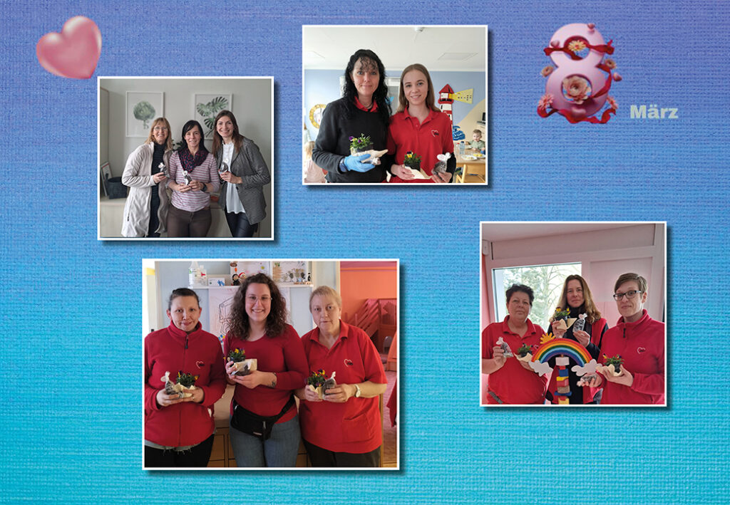 Mehrere Bilder von Menschen in einer Collage, die kleine Pflanzent&ouml;pfe halten.