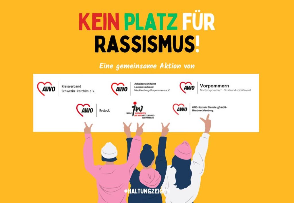Illustration von vier Personen, die ein Banner mit mehreren AWO-Logos in die H&ouml;he halten.