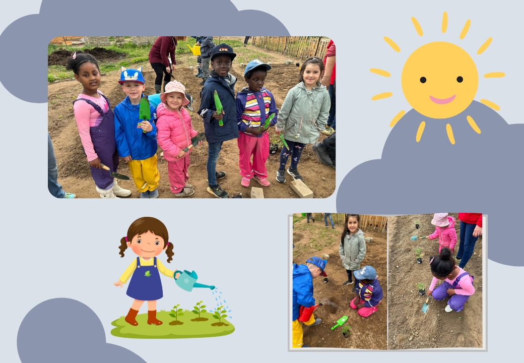 Eine Gruppe von Kindern beim Gärtnern auf einer Grünfläche, mit Zeichnungen einer gießtenden Mädchenfigur und einer Sonne mit Wolken.