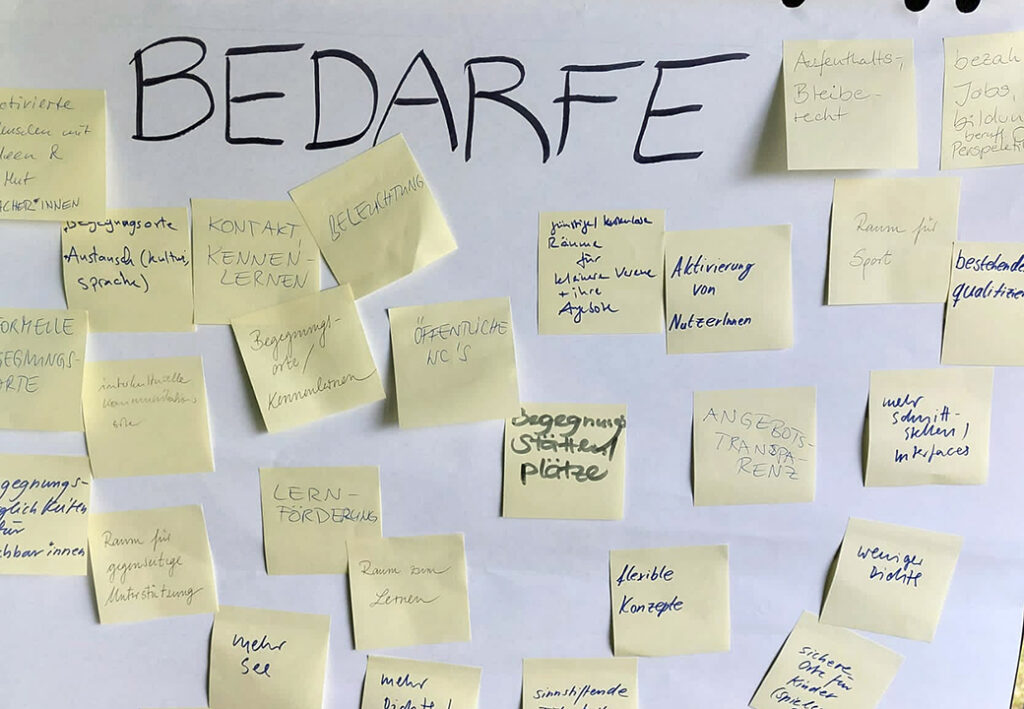 Eine Pinnwand mit dem Wort 'BEDARFE' und mehreren Notizzetteln darunter.