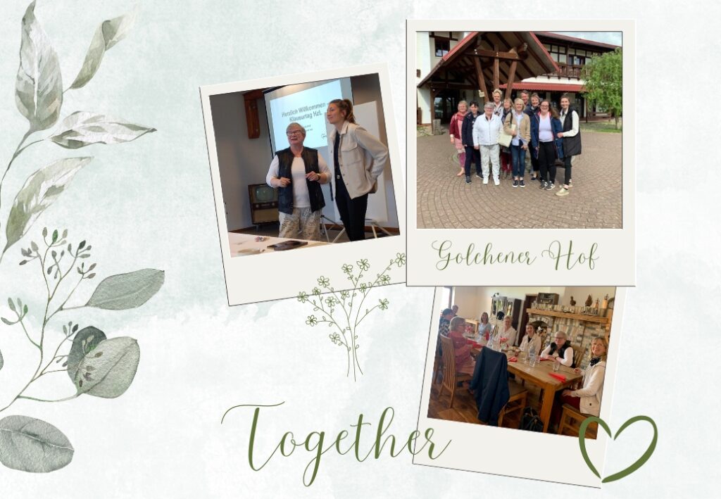 Drei Fotos auf einem hellen Hintergrund mit grünen Blättern, die Menschen in verschiedenen sozialen Aktivitäten zeigen.