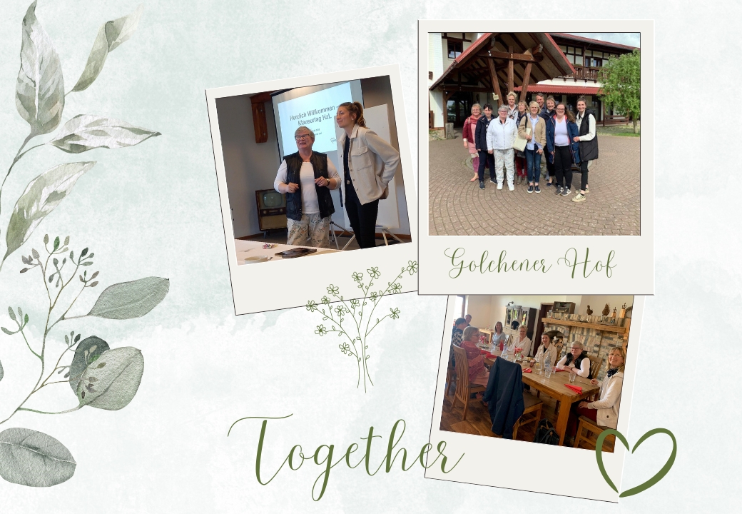 Drei Fotos auf einem hellen Hintergrund mit grünen Blättern, die Menschen in verschiedenen sozialen Aktivitäten zeigen.