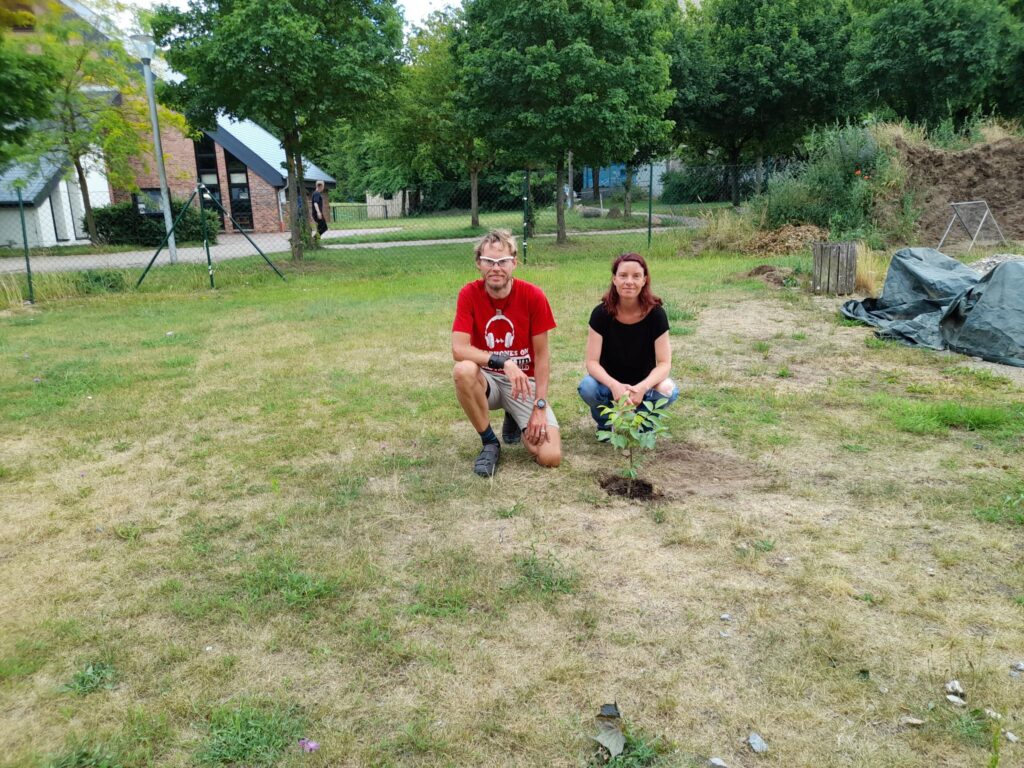 Zwei Personen hocken auf einer Wiese neben einem frisch gepflanzten Baum.