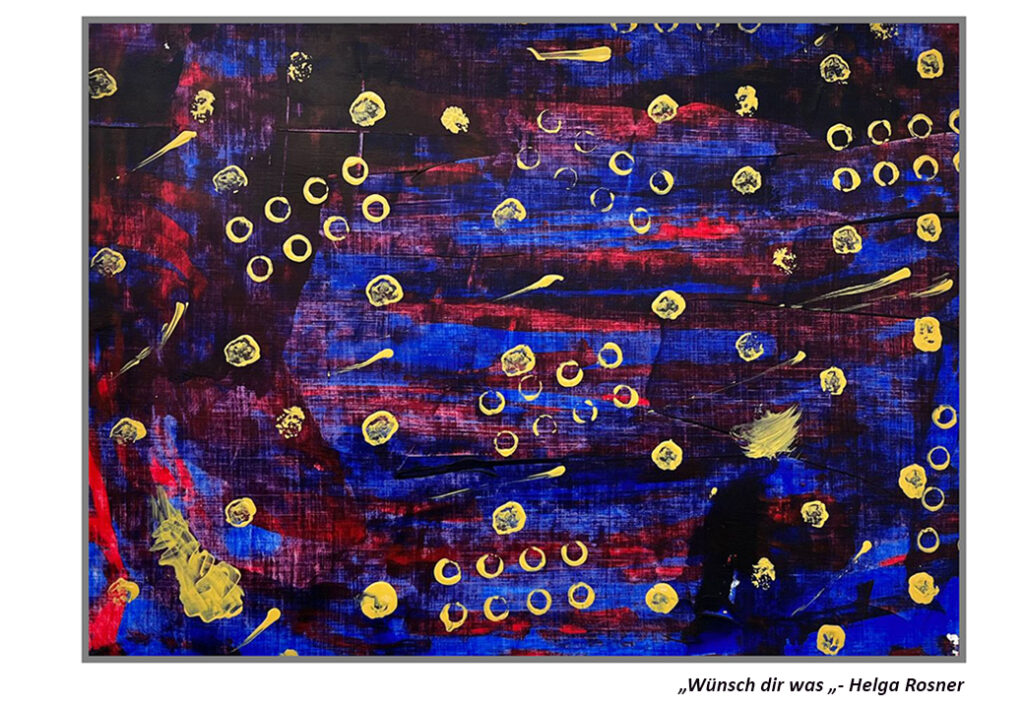 Abstrakte Kunst mit blauen und roten Streifen, gelben Kreisen und Mustern.