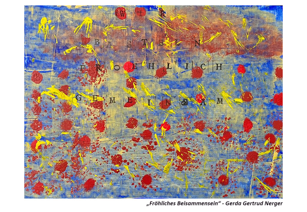 Abstrakte Malerei mit blauen, gelben und roten Farben und eingestreuten Buchstaben.