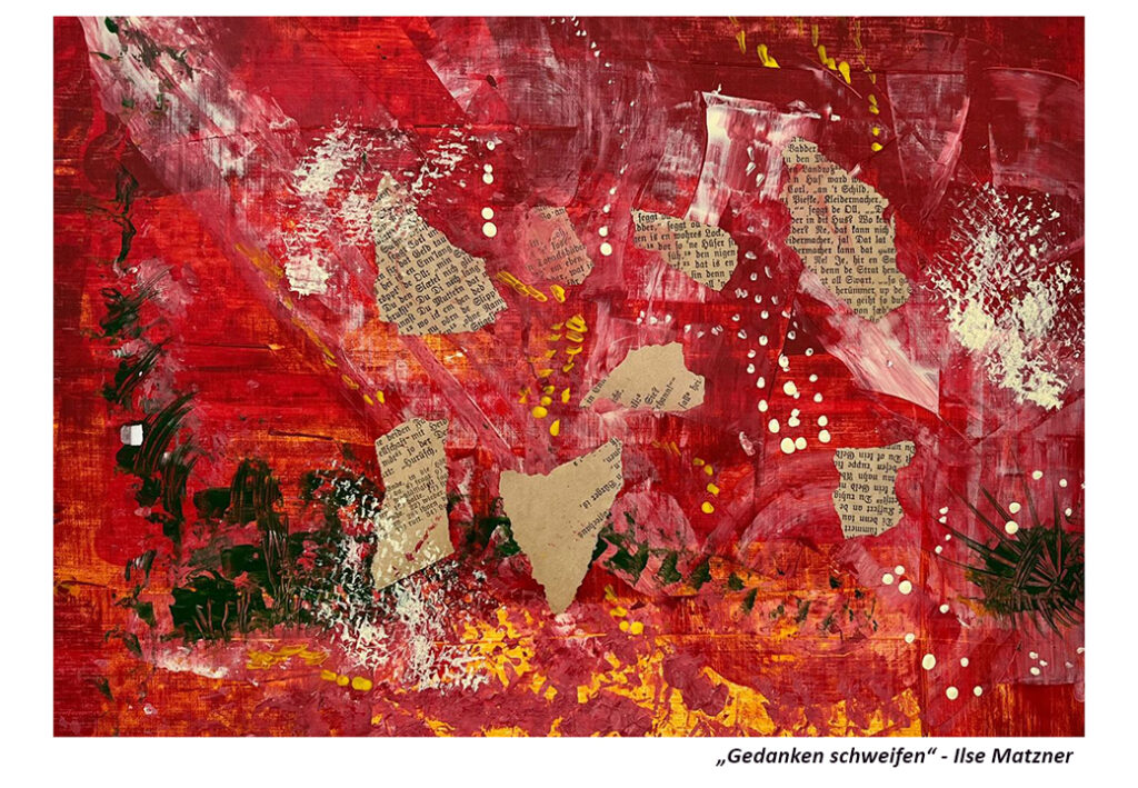 Abstraktes Kunstwerk mit rotem Hintergrund, Zeitungsausschnitten und verschiedenen bunten Mustern.