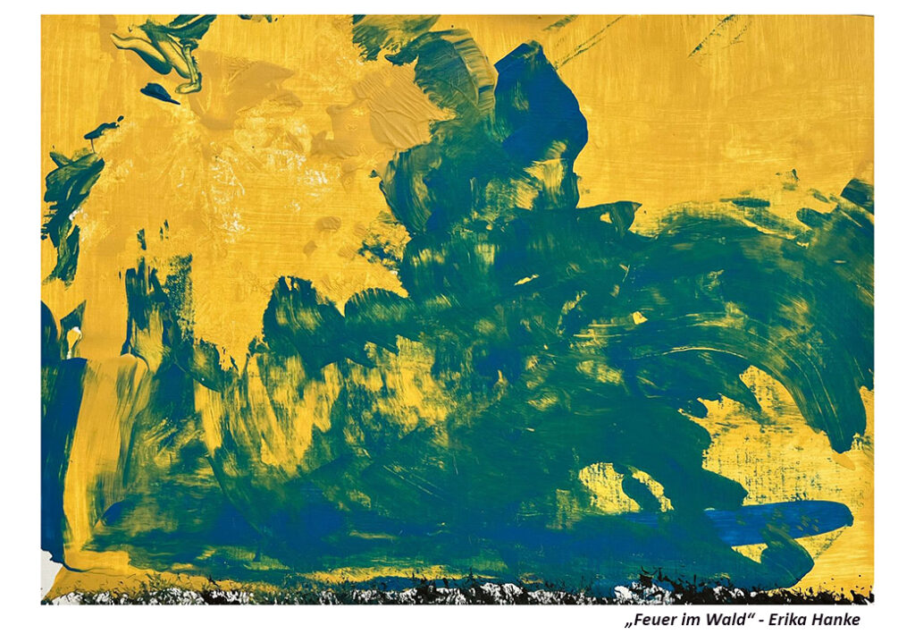 Abstrakte Malerei mit gelbem Hintergrund und gr&uuml;nen sowie blauen Pinselstrichen.