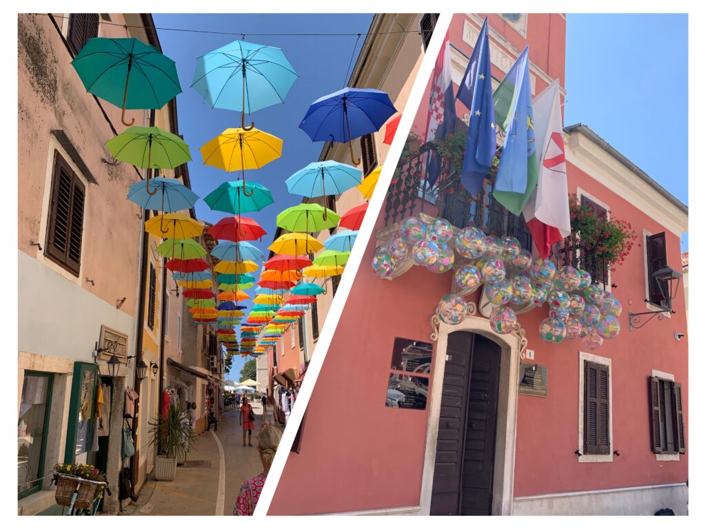 Fotocollage aus einer Altstadtgasse mit schwebenden Regenschirmen und einem Gebäude mit dekorativen Flaggen und Luftballons.