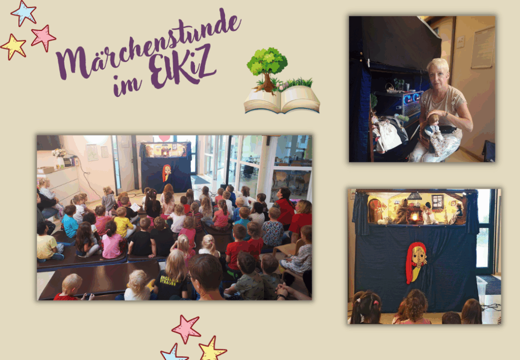 Kindergartenkinder versammeln sich vor einem Puppentheater, Märchenstunde im Eltern-Kind-Zentrum.
