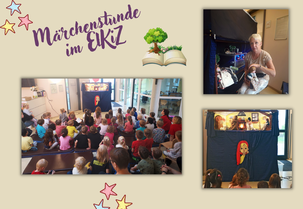 Kindergartenkinder versammeln sich vor einem Puppentheater, Märchenstunde im Eltern-Kind-Zentrum.