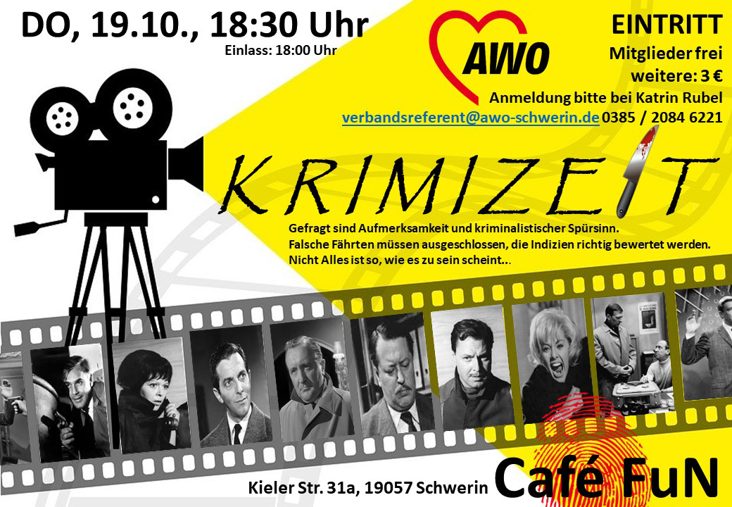 Ein Flyer für eine Veranstaltung namens 'KRIMIZEIT' im Café FuN, Schwerin.
