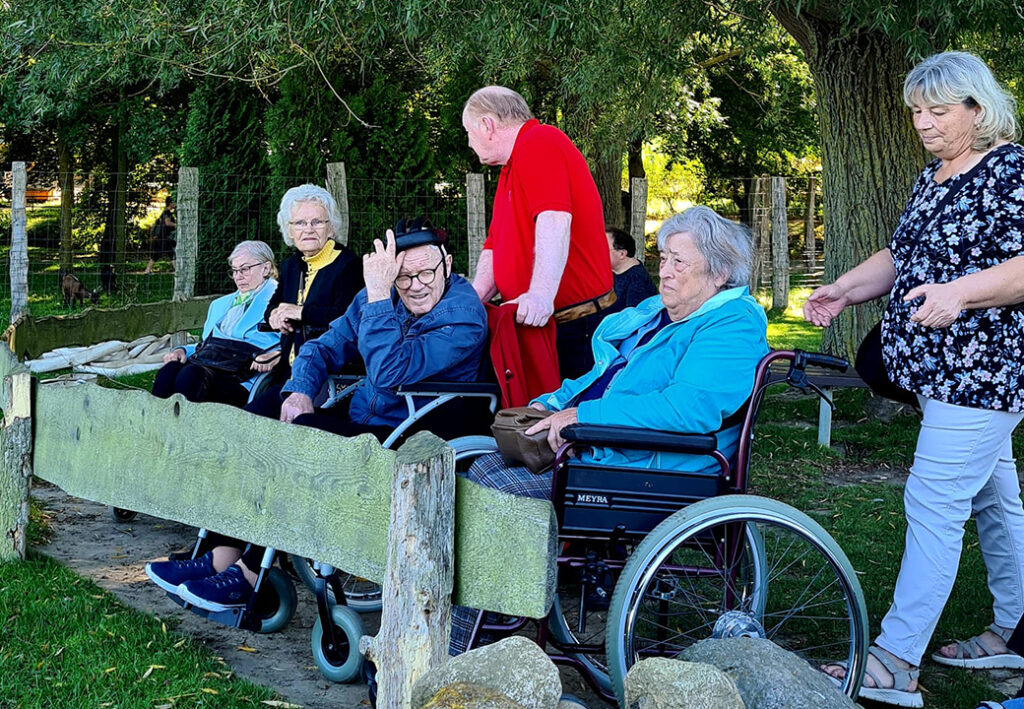 Eine Gruppe von &auml;lteren Menschen, einige in Rollst&uuml;hlen, im Freien
