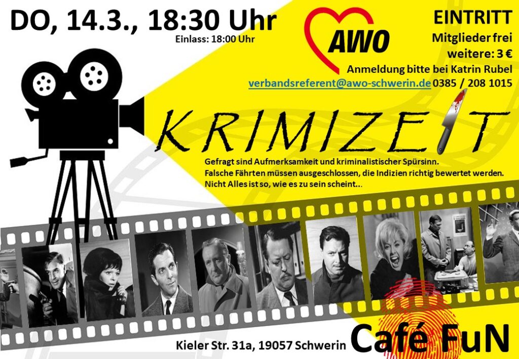 Ein Flyer für eine Veranstaltung der AWO mit dem Titel 'Krimizeit'.