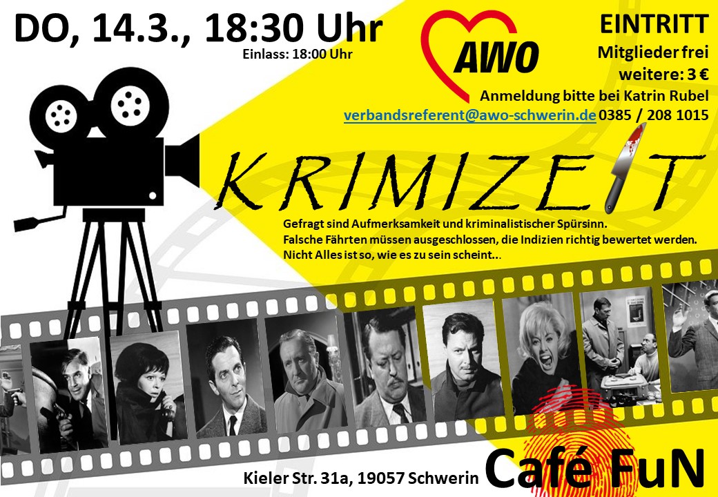 Ein Flyer für eine Veranstaltung der AWO mit dem Titel 'Krimizeit'.