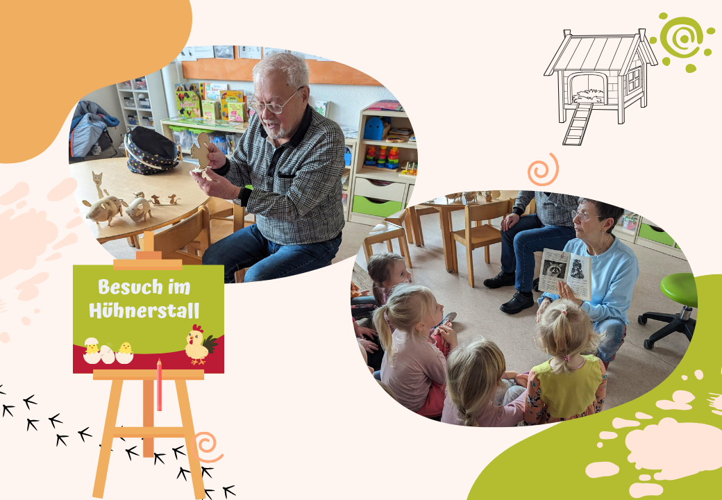 Senior interacting with children in a classroom setting.