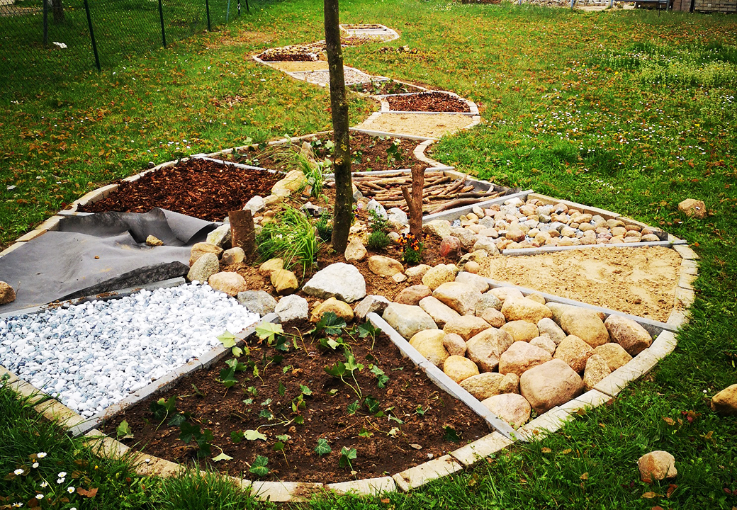 Sinngarten mit verschiedenen Materialabschnitten