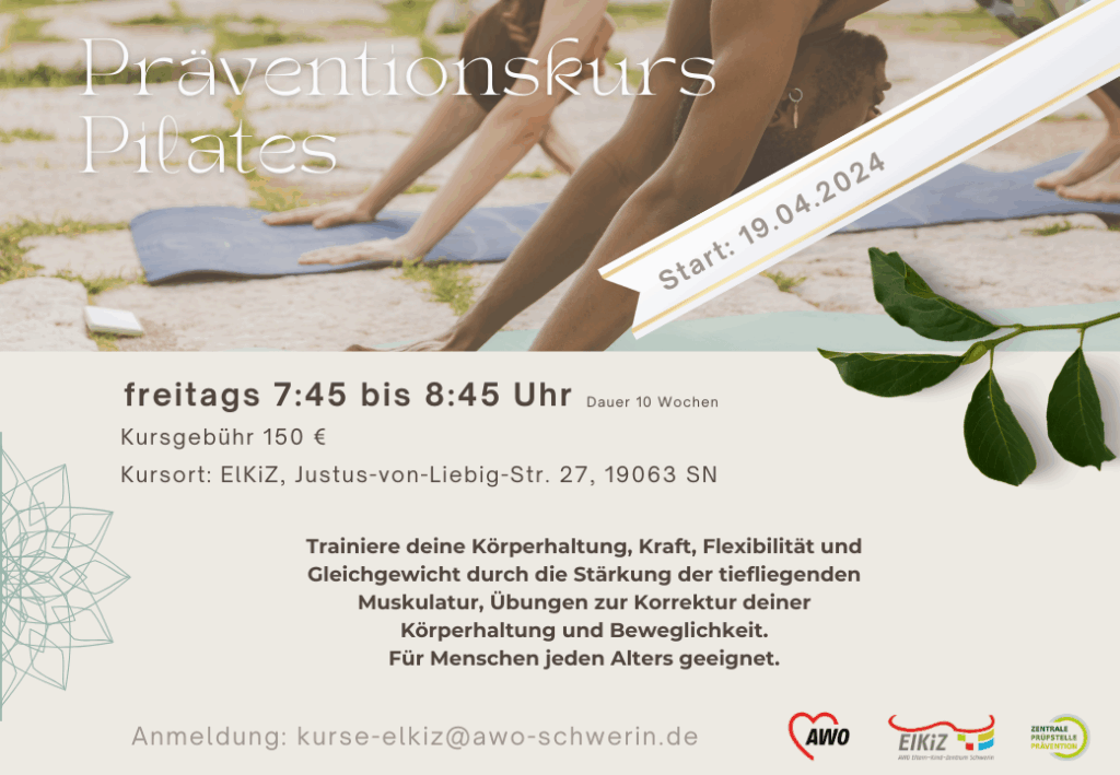 Poster für Präventionskurs Pilates mit Textinformationen und Foto von Personen in einer Pilates-Übung.