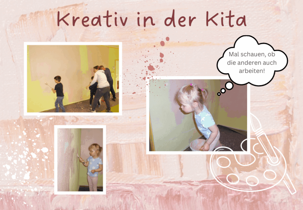 Kinder und Erwachsene malen W&auml;nde in einer Kita kreativ an.