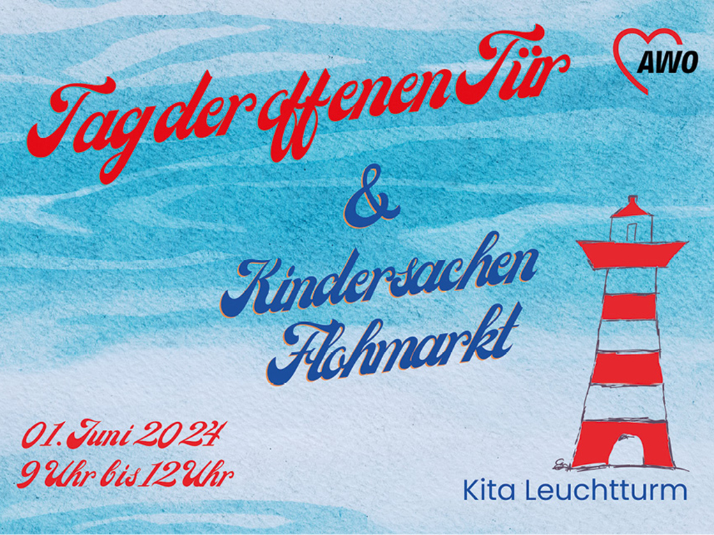 Einladungskarte für einen Tag der offenen Tür mit einem Kindersachanflohmarkt, gestaltet mit maritimen Elementen.