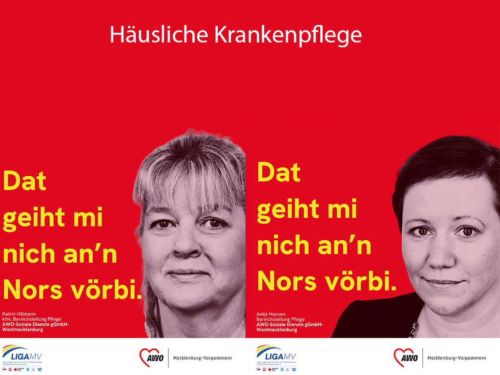 Poster mit zwei Frauen, AWO-Logo und Text auf Plattdeutsch.