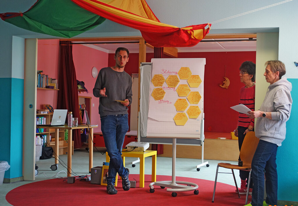 Drei Personen in einem Workshop-Raum mit Flipchart und bunten Post-its.