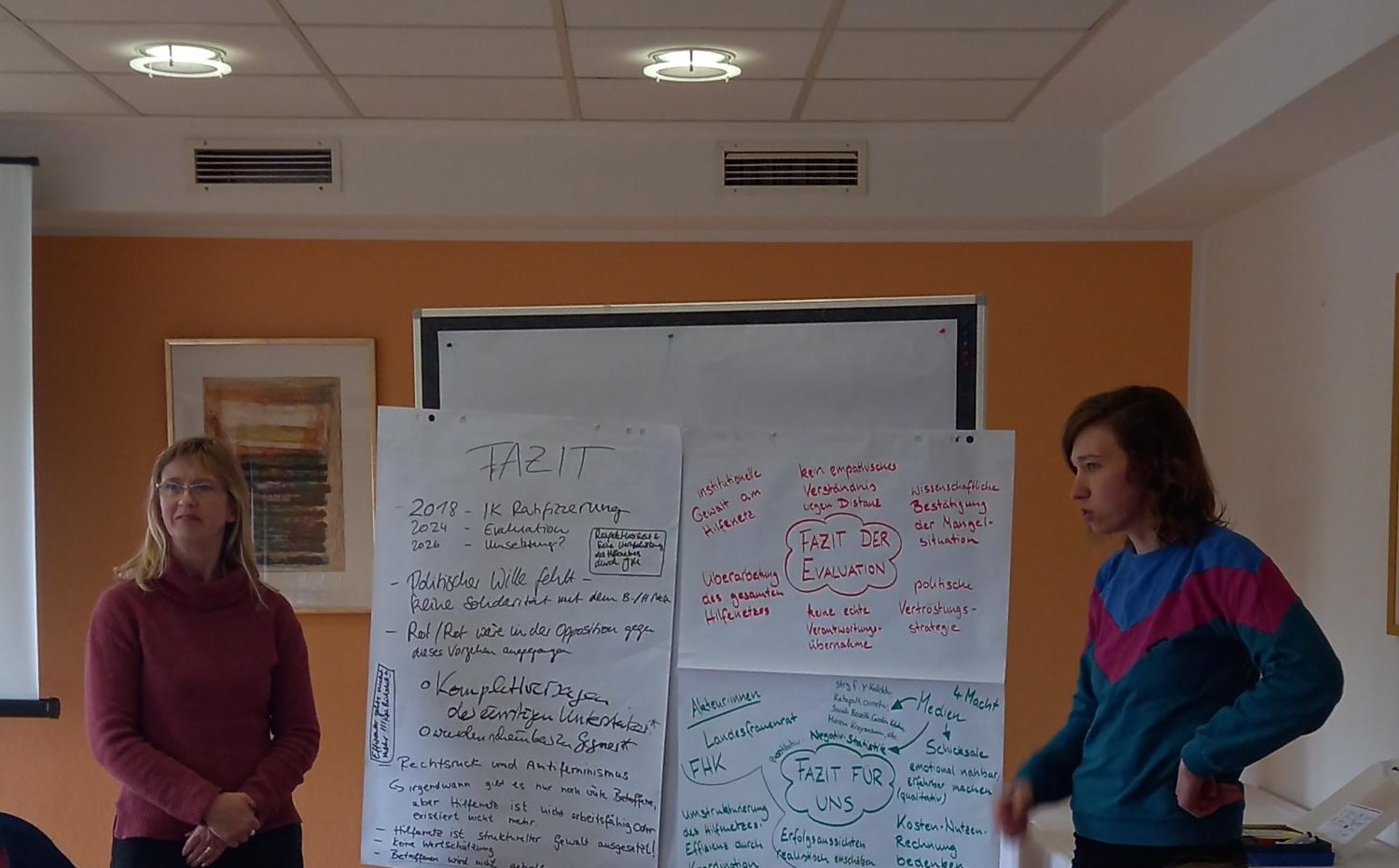 Zwei Personen präsentieren in einem Raum mit Flipcharts