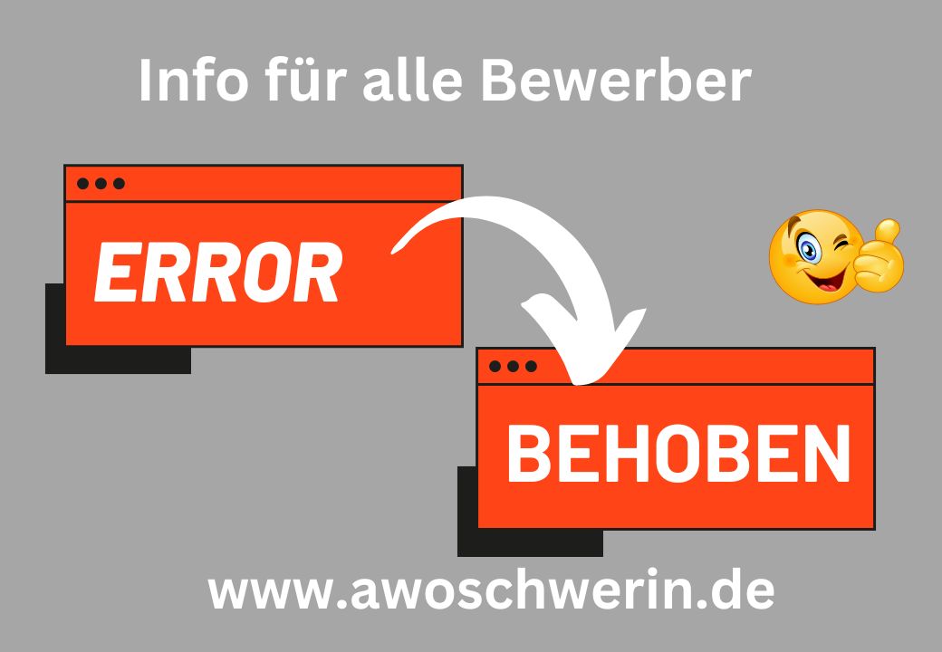 Grafische Darstellung mit Texten 'ERROR' und 'BEHOBEN' in roten Fenstern, dazwischen ein Pfeil und rechts ein zwinkerndes Emoji mit Daumen hoch.