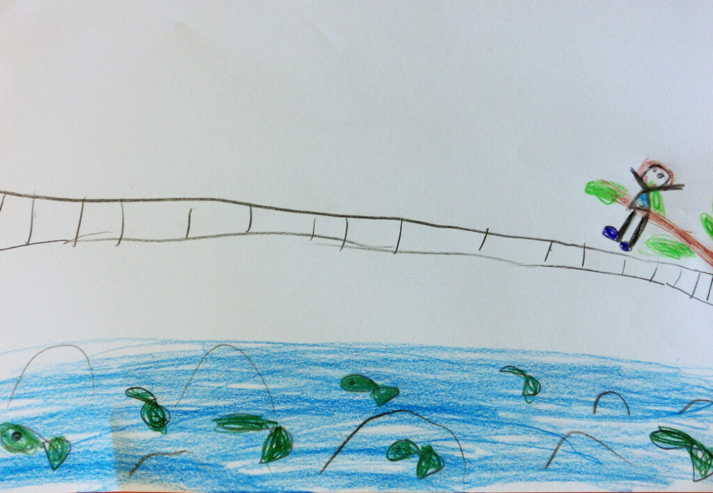 Kinderzeichnung einer Br&uuml;cke &uuml;ber einem Fluss.
