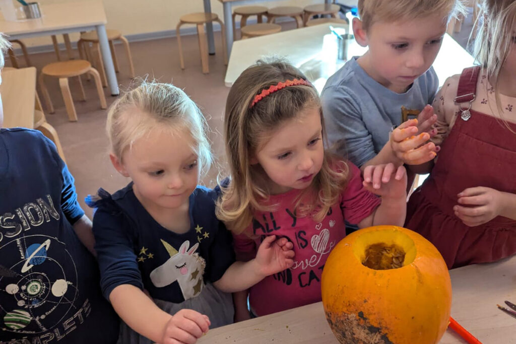 Mehrere Kinder stehen um einen K&uuml;rbis und spielen mit seinen Innereien.