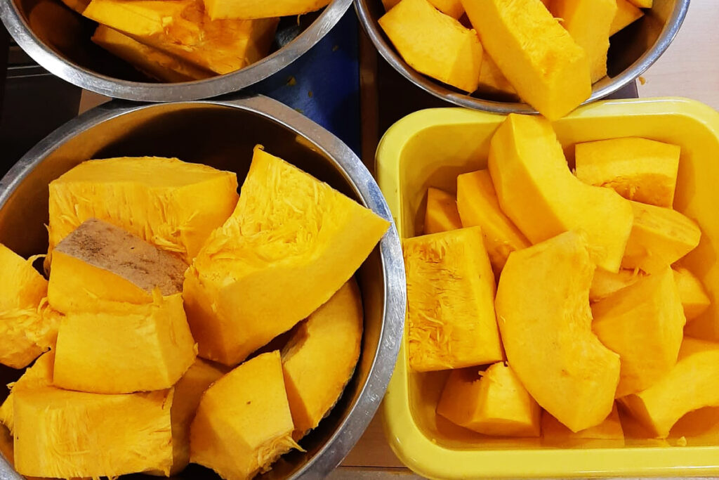 Mehrere Sch&uuml;sseln mit geschnittenen K&uuml;rbisst&uuml;cken.